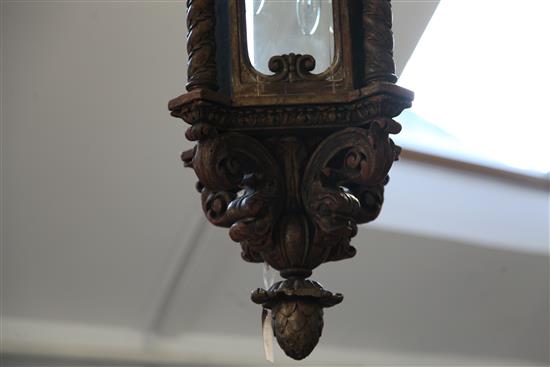 A large 19th century carved giltwood hanging lantern, 43in.